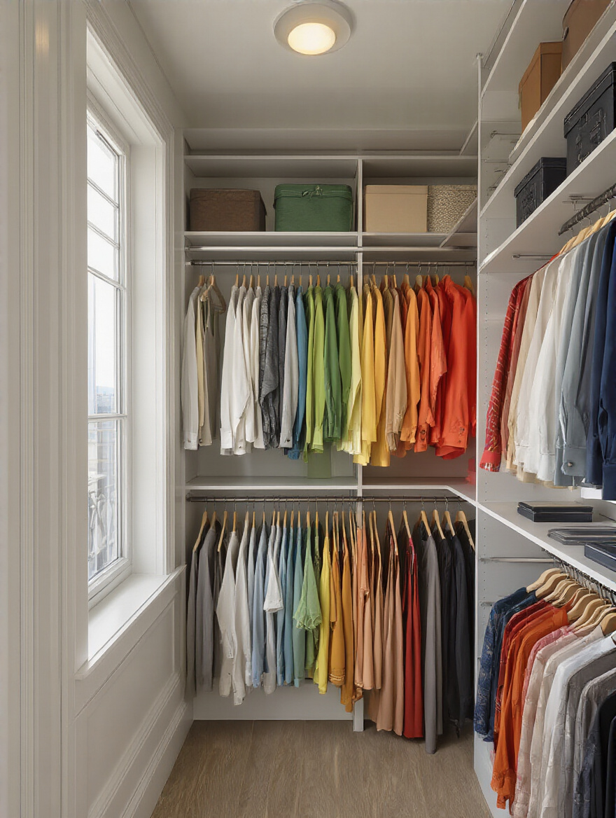 Color-coded wardrobe organized by color on closet rails