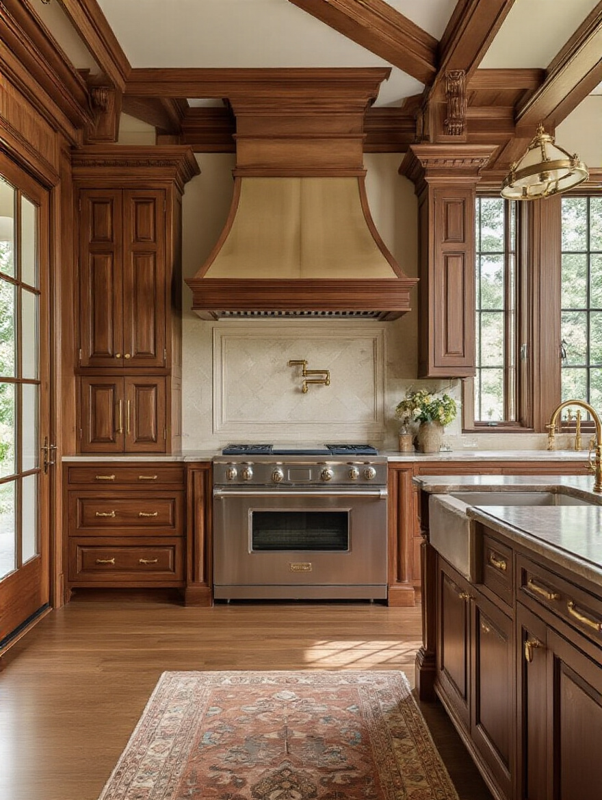 Portrait view of a traditional kitchen featuring bespoke millwork and ornate cabinetry.
