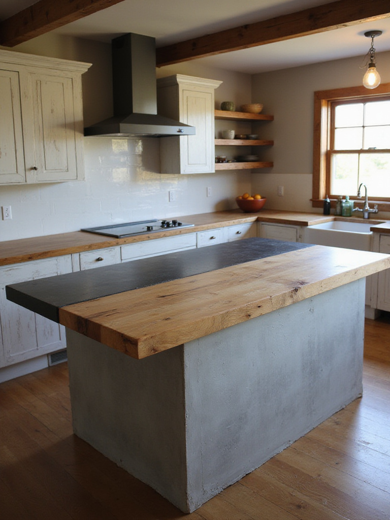 Rustic kitchen island featuring three different countertop materials: natural wood butcher block, dark soapstone, and grey concrete, illustrating a comparison of rustic kitchen island countertop options.