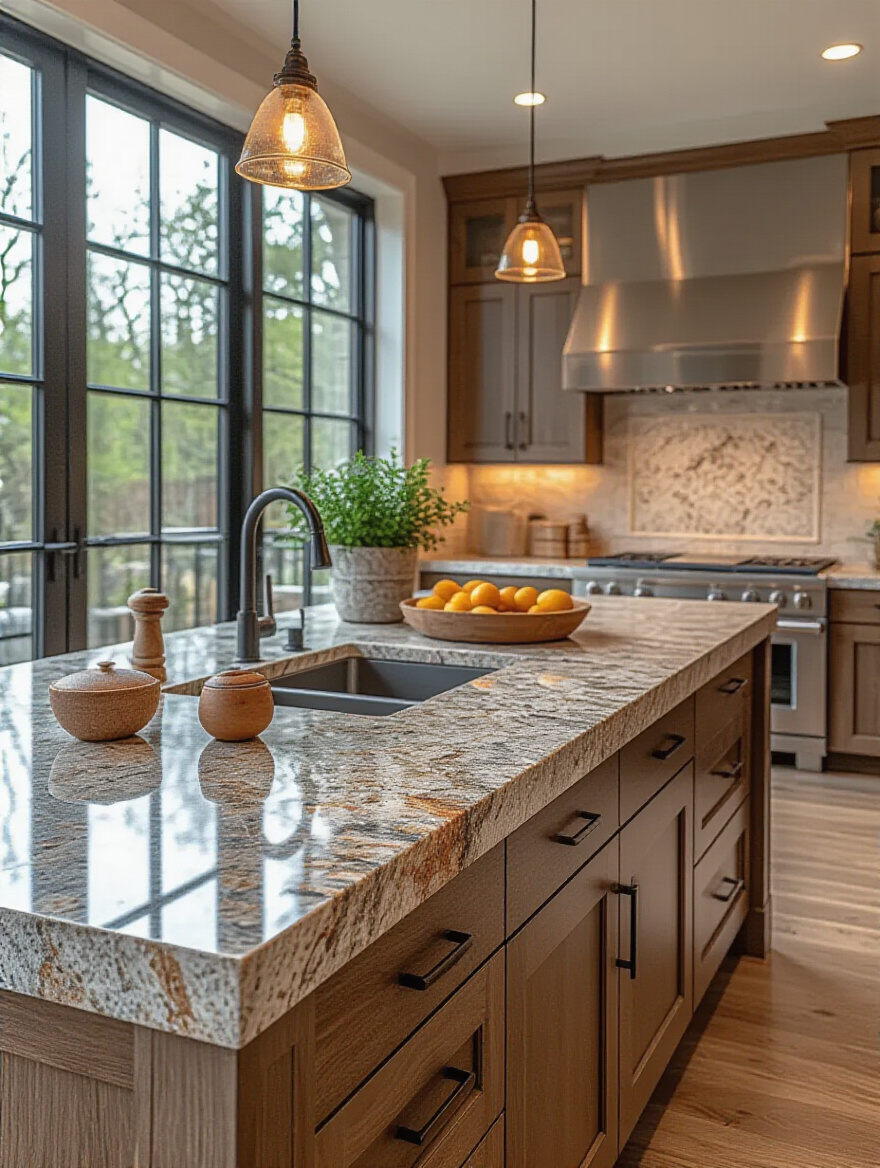 Vertical shot of a modern kitchen island countertop showing granite and quartz textures