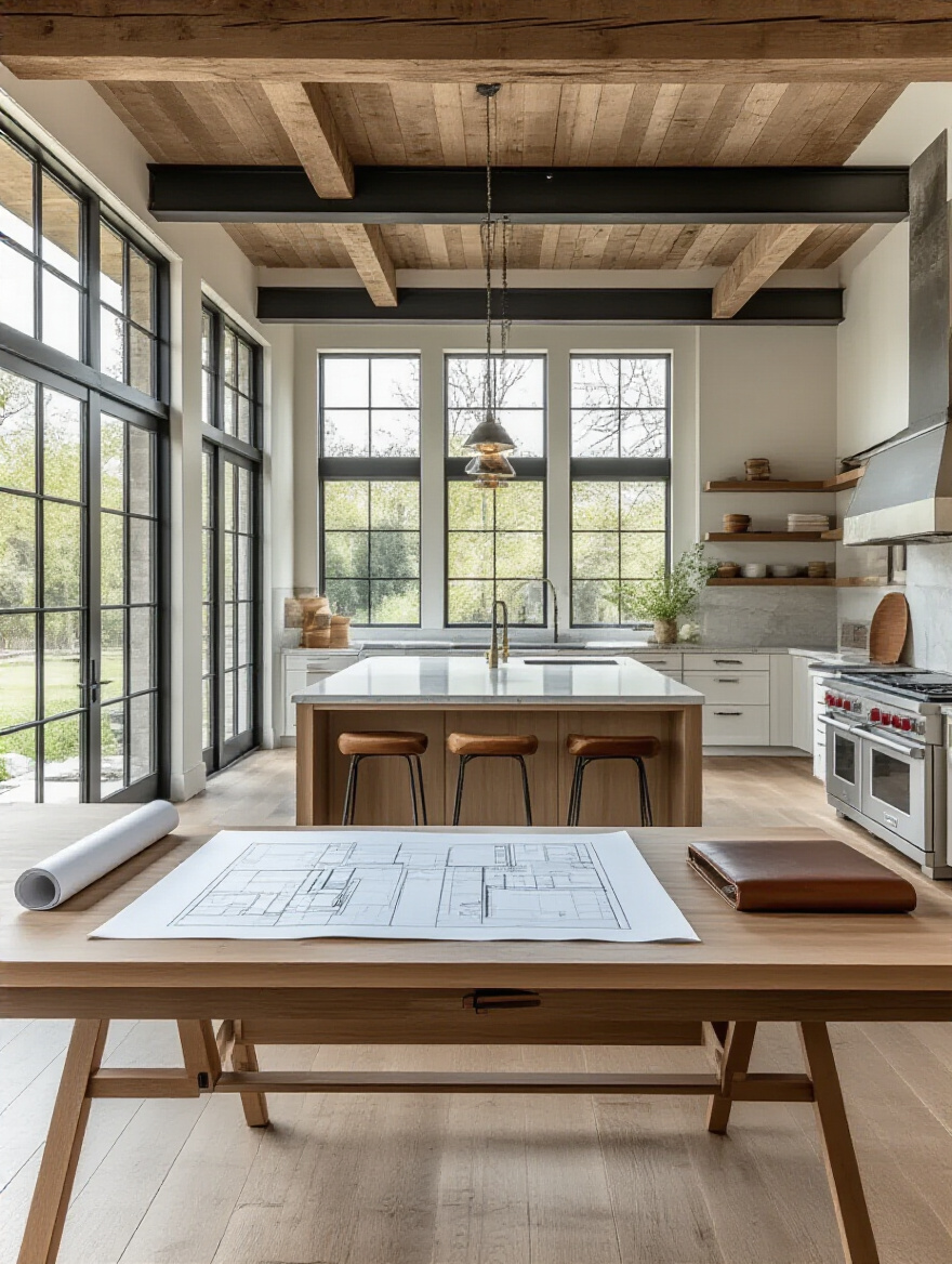 Portrait view of luxury kitchen site assessment with blueprints and structural elements