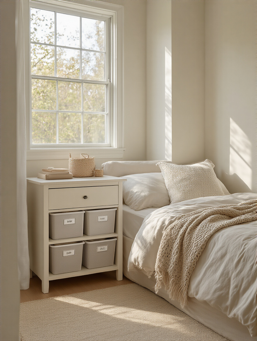 Portrait view of a ruthlessly decluttered bedroom with organized essentials