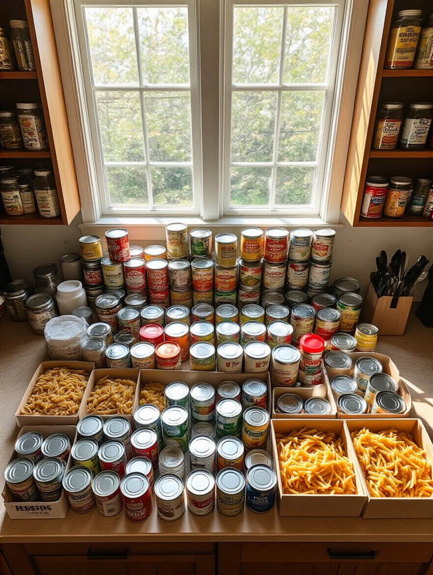 Overhead view of a kitchen counter with various pantry items sorted into piles for keep, donate, and discard, symbolizing a thorough pantry purge and inventory.