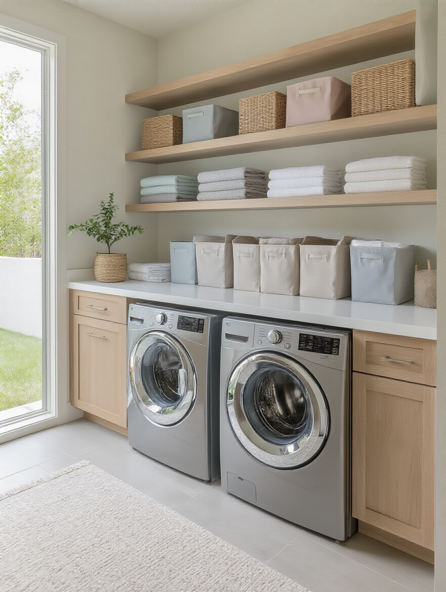 Portrait view of an organized laundry room ready for a workflow audit