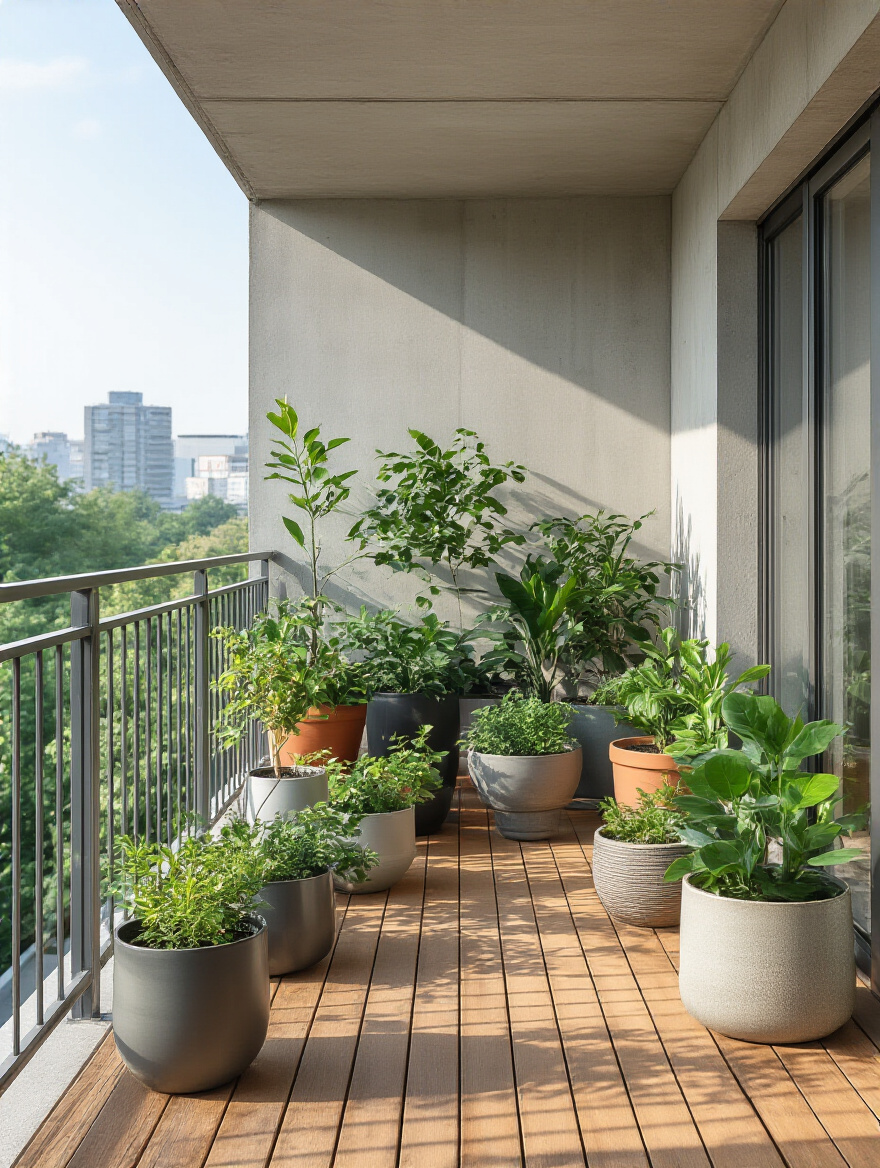 Portrait of a balcony garden showing evenly distributed planters and visible structural elements to indicate weight considerations.
