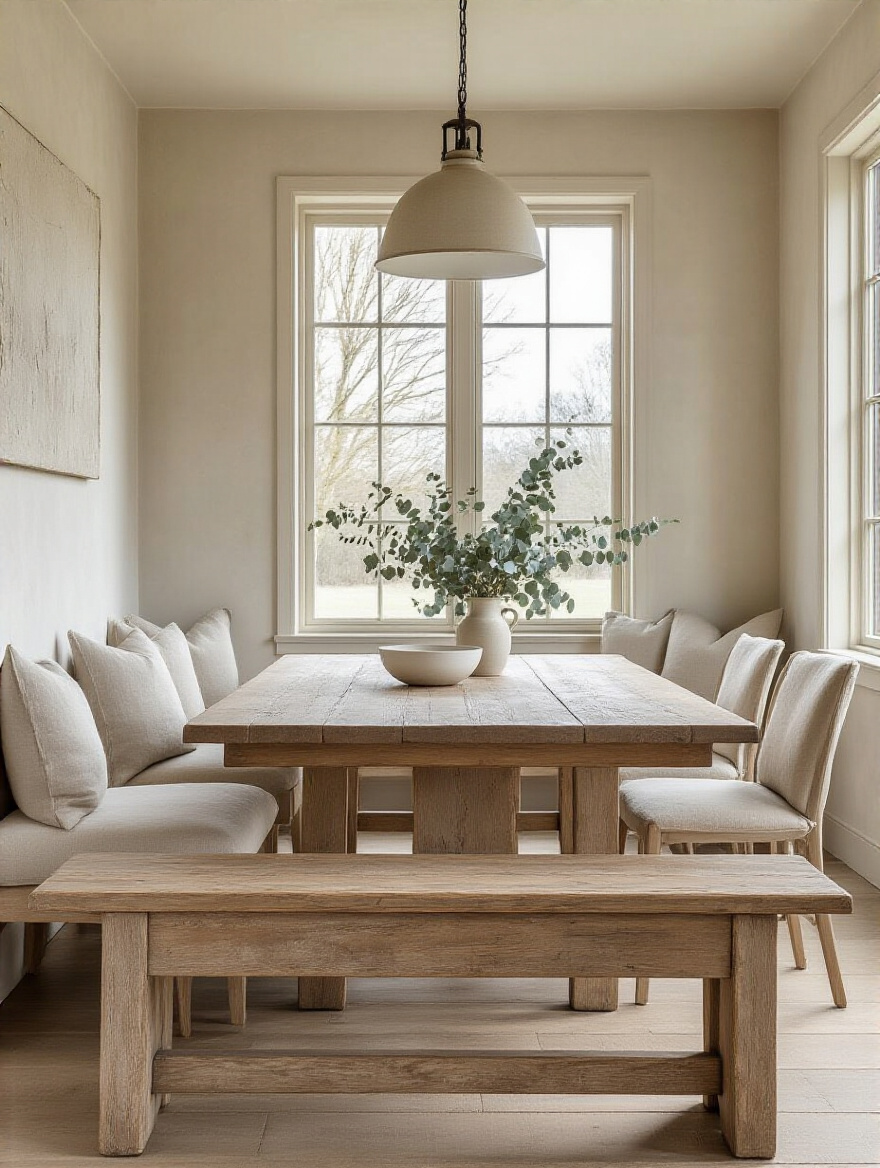 Rustic distressed wood bench in a farmhouse dining room, offering versatile and communal seating at a natural wood dining table.
