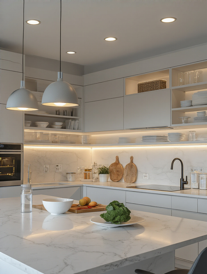 Portrait of a modern kitchen with modular smart lighting and a central hub, no people