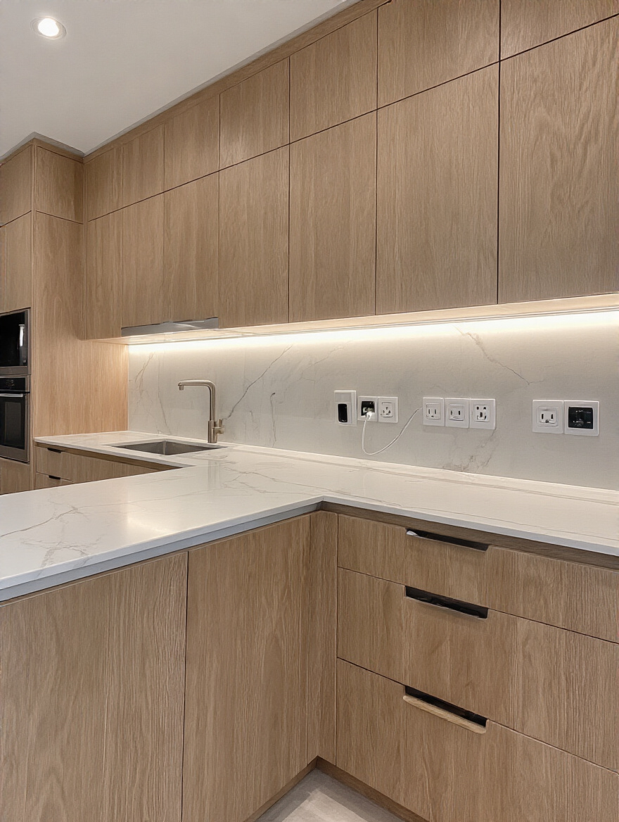 Vertical modern kitchen cabinet wall with hidden outlets and charging stations, cable management, clutter-free surface