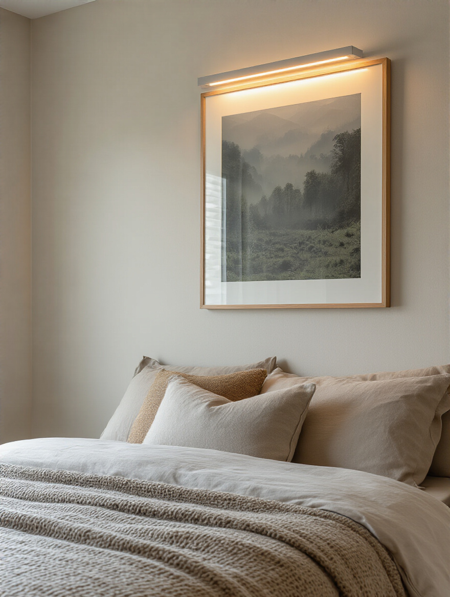 Bedroom wall art softly lit by a slim LED picture light