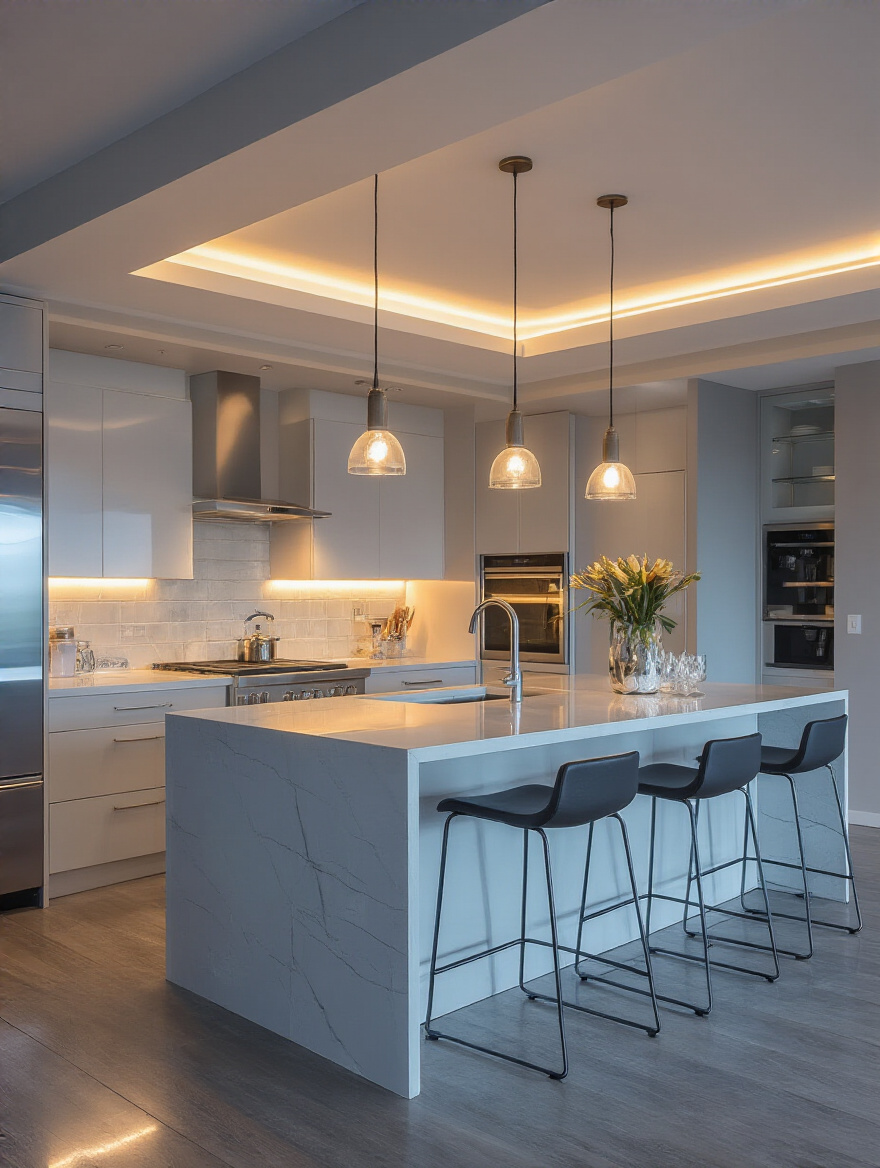 Vertical shot of a modern kitchen with layered lighting design (no people)