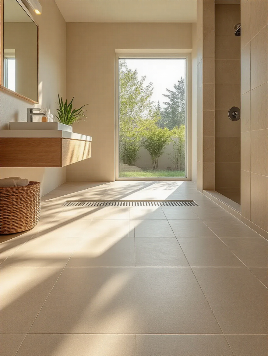 Portrait of a modern accessible bathroom with slip-resistant tiles, curbless shower, and visual accessibility cues.