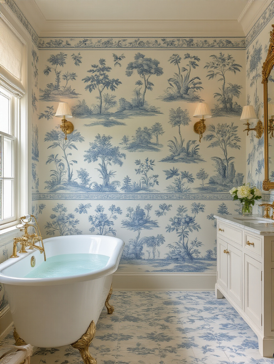 Portrait view of a bathroom with Toile de Jouy and Chinoiserie wallpaper showcasing elegant period charm