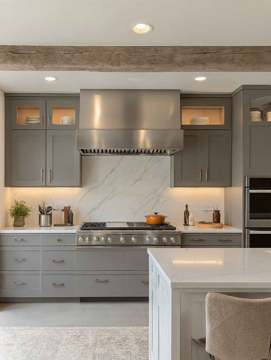 Portrait of a modern kitchen vent hood integrated with cabinetry, no people