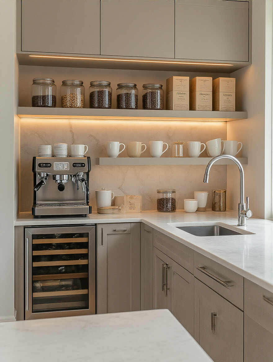 Modern kitchen beverage station with built-in espresso machine, under-counter fridge, sleek sink, organized mugs and coffee supplies, and warm lighting.