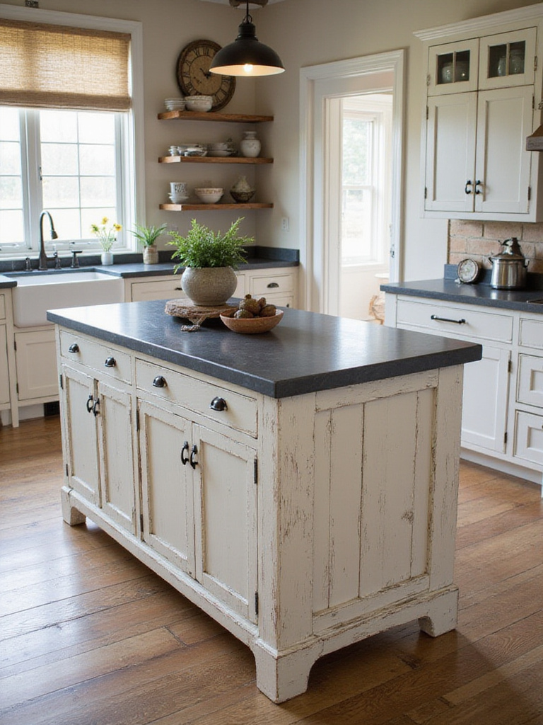 Rustic kitchen island with a contrasting distressed off-white painted wood base and a dark grey soapstone countertop, showcasing visual interest and unique design.