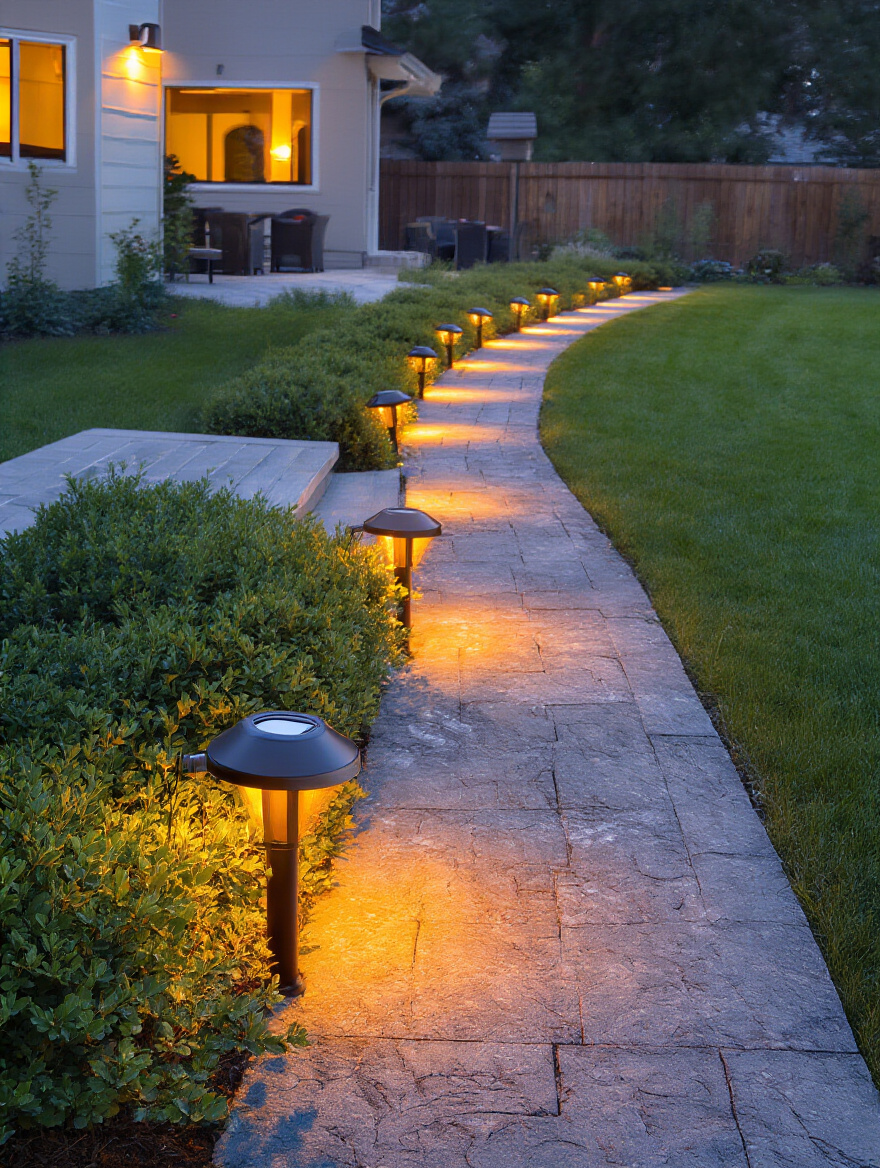 Vertical backyard scene at dusk with a curved path lined by warm solar-powered pathway lights.