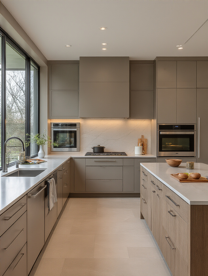 A professionally designed modern kitchen featuring an optimized layout, integrated appliances, and sleek countertops, illustrating expert planning by a Certified Kitchen Designer.