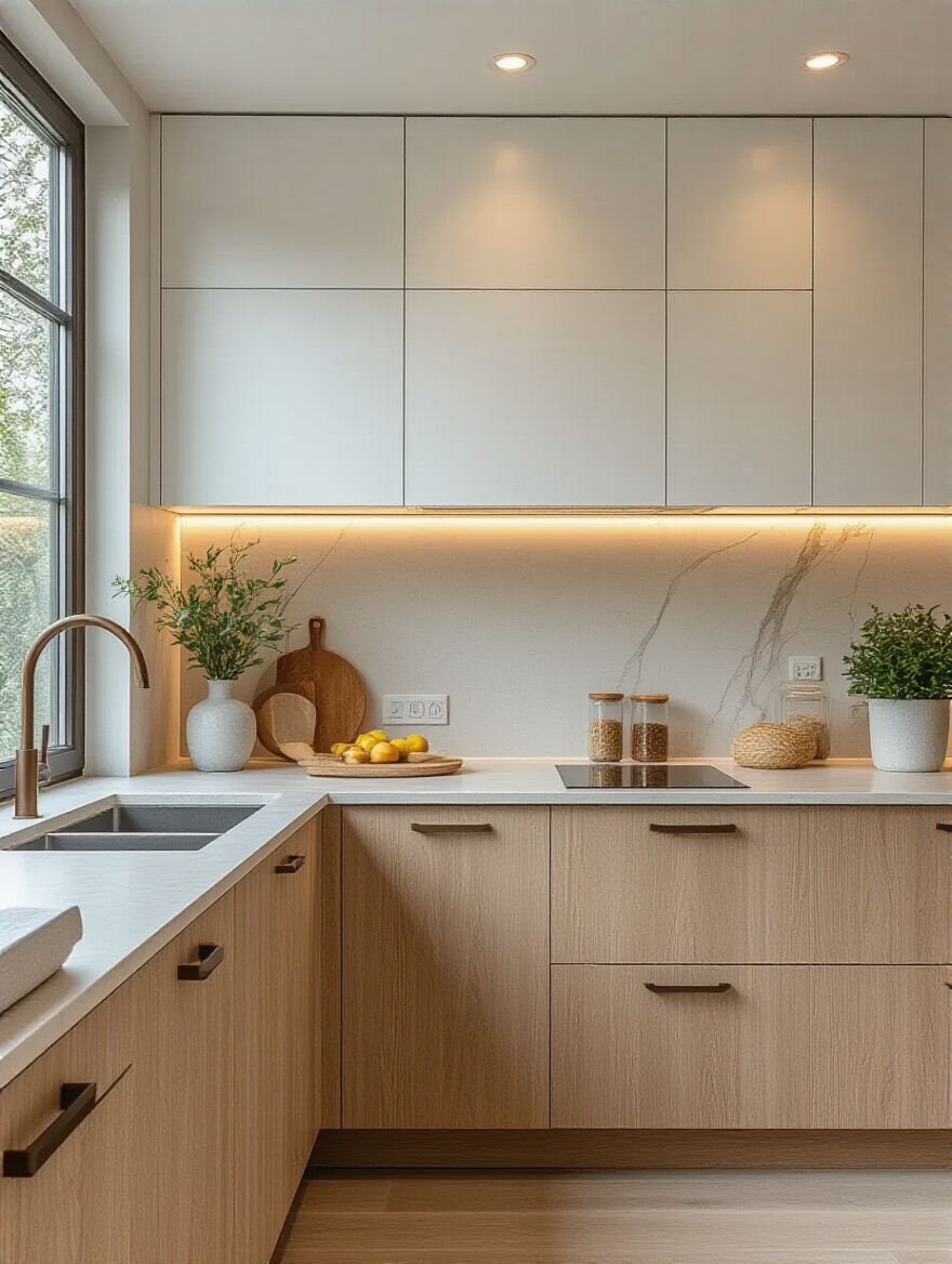 Portrait shot of a contemporary kitchen showing coordinated cabinetry and countertop materials for visual harmony