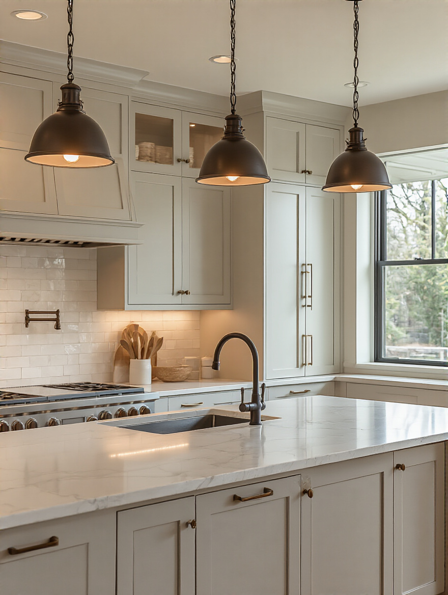Portrait of a modern kitchen with coordinated fixture finishes and cohesive decor