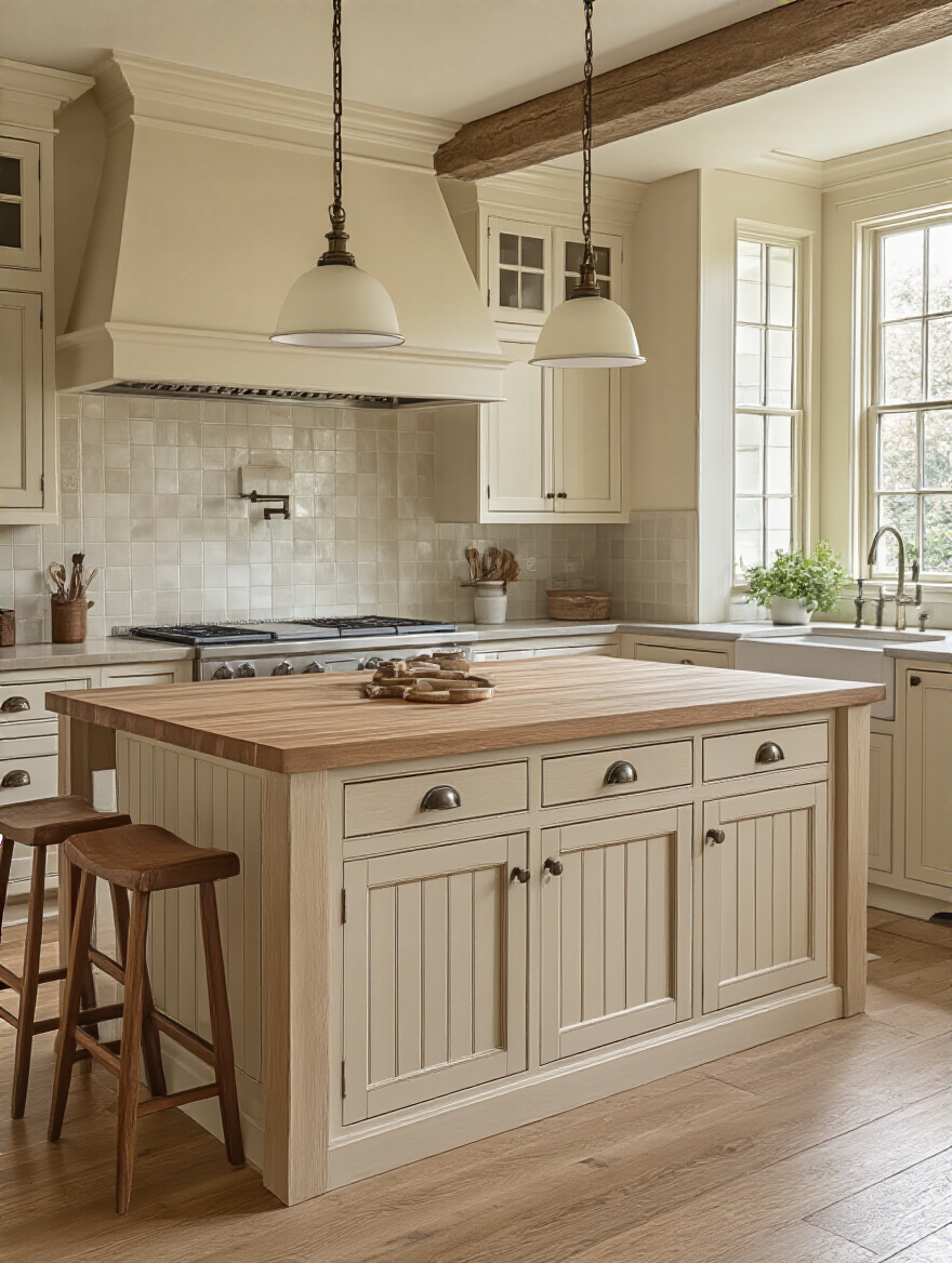 Portrait of a traditional kitchen island with butcher block top, carved legs, and beadboard cabinetry