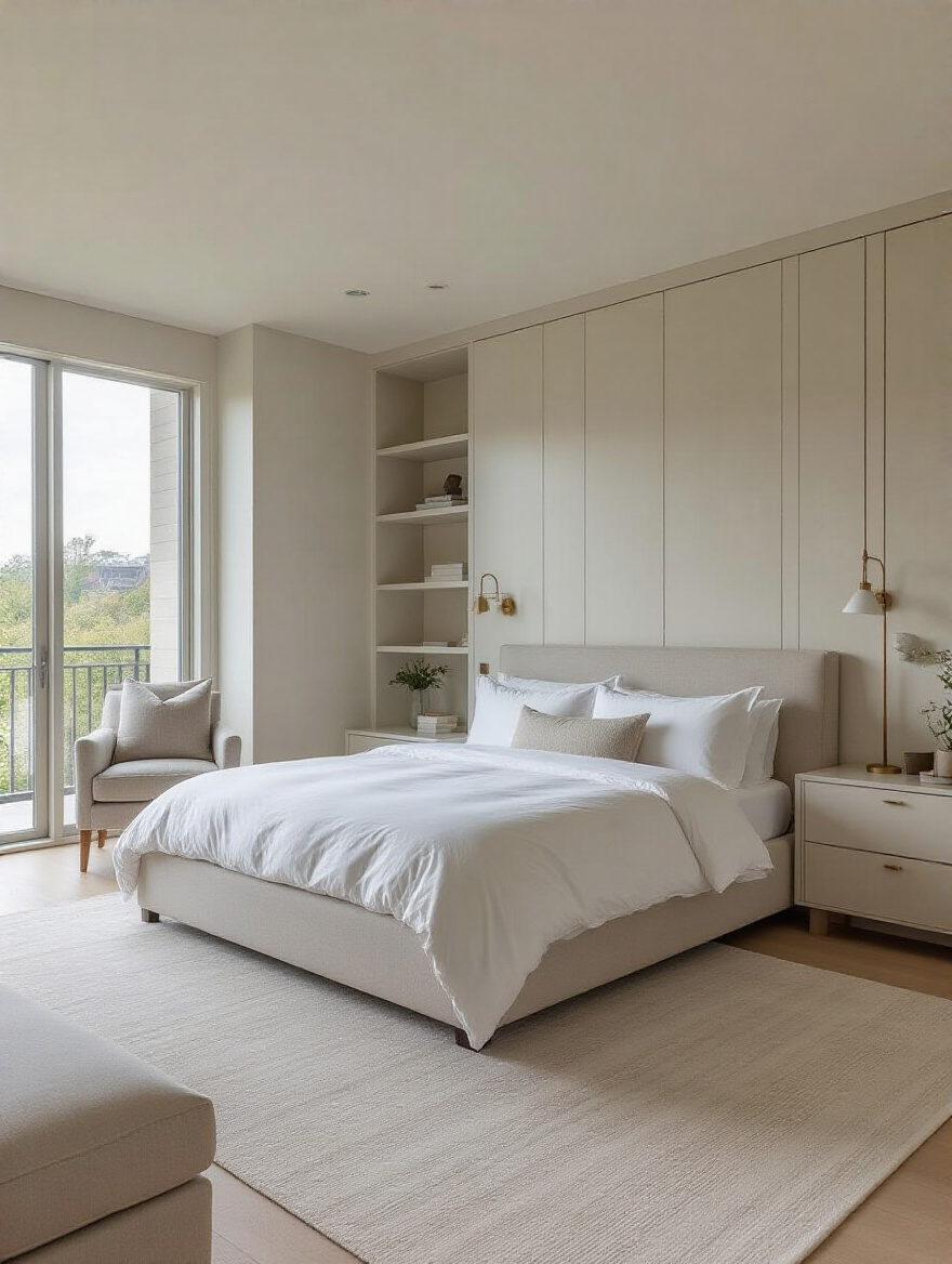 Bedroom interior divided into distinct functional zones: a central sleeping area with a large bed, a dressing area with a built-in wardrobe and vanity, and a relaxing nook with an armchair, all separated by smart furniture placement and screens.
