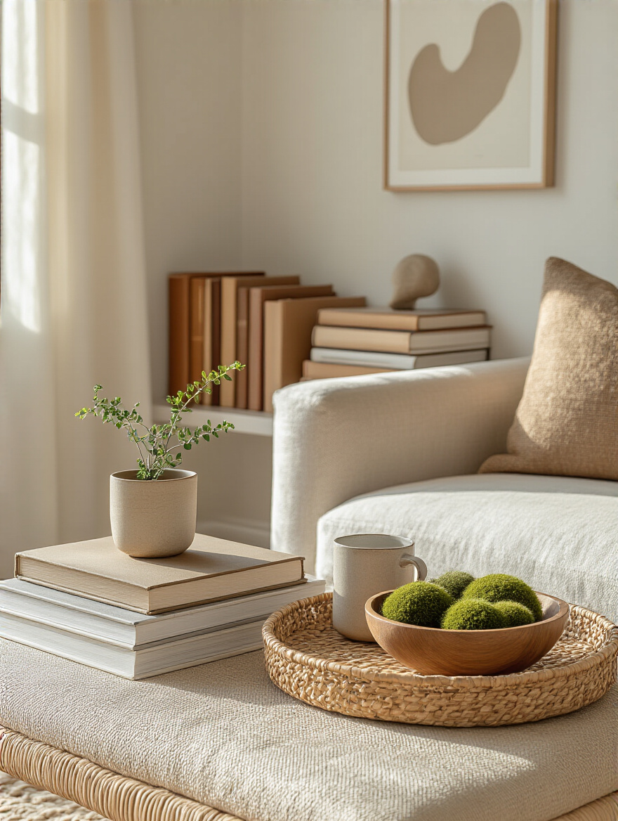 Portrait of a cozy living room vignette on coffee table and bookshelf