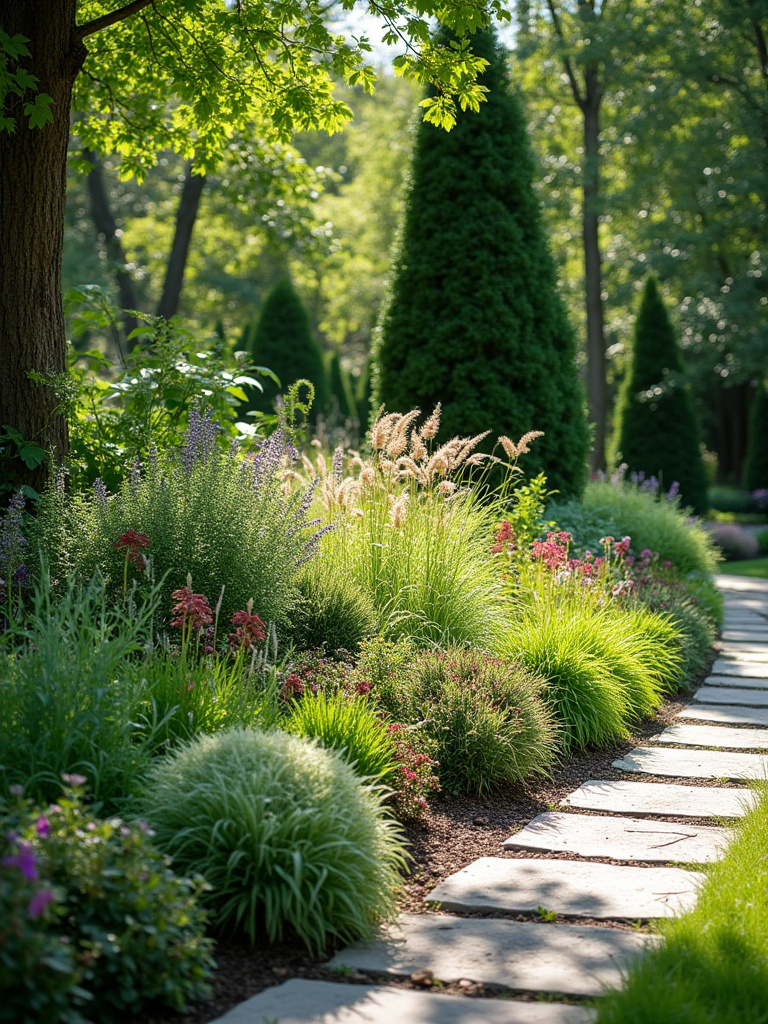 Professionally designed thematic garden bed showcasing diverse plants, varied heights, and rich textures, enhancing visual interest and depth in an outdoor living space.