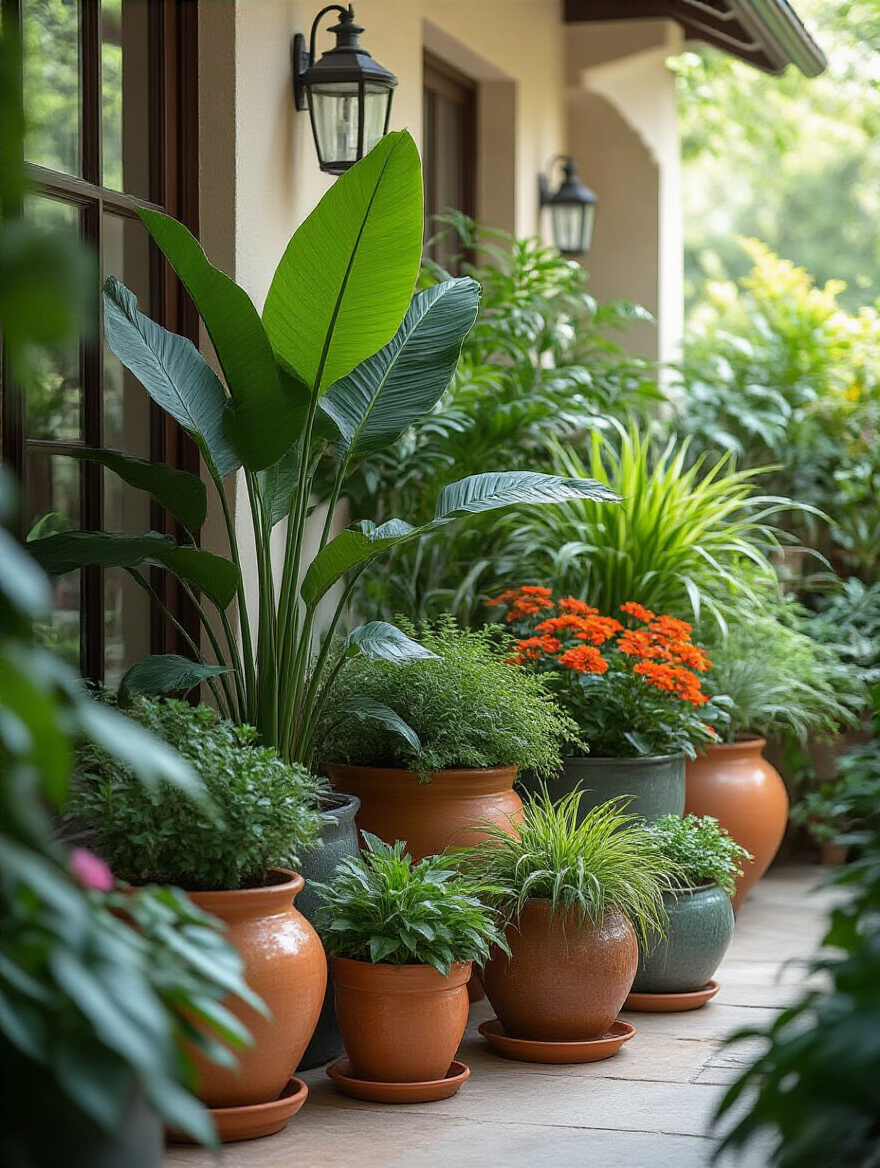 A lush patio garden featuring containers of various heights and textures. Tall thriller plants anchor the display, surrounded by bushy filler plants and cascading spiller plants, creating visual depth and dimension on a welcoming patio.