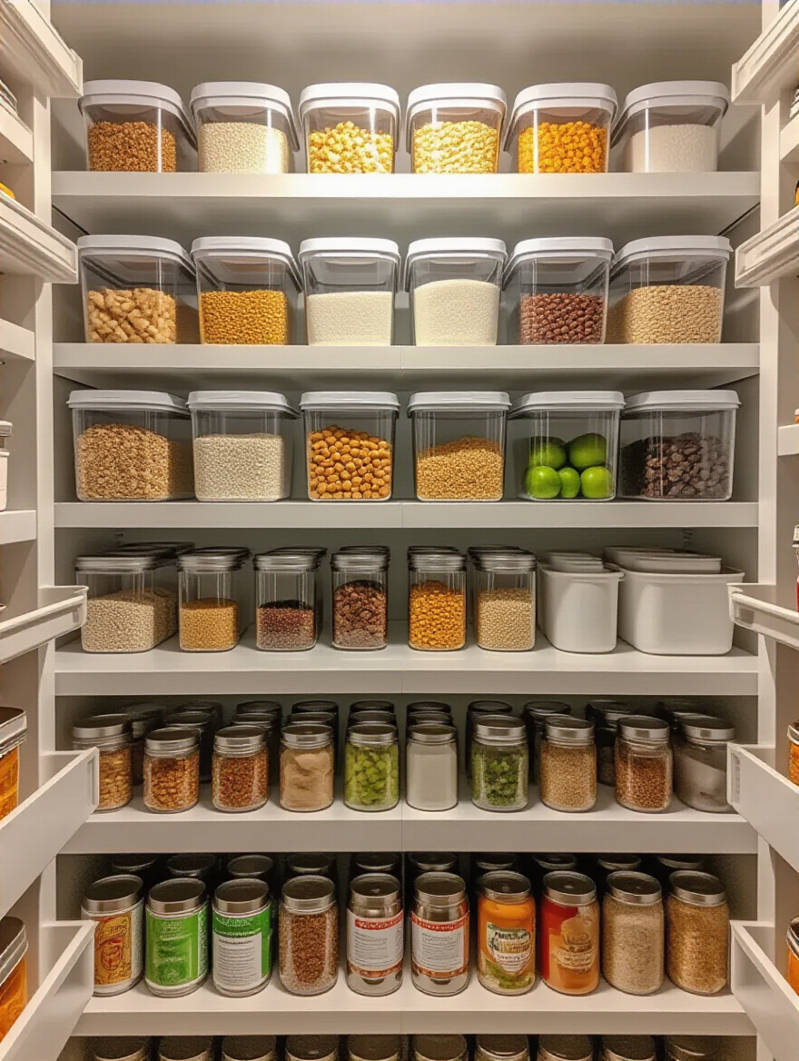 A beautifully organized kitchen pantry shelf with jars, containers, and cans meticulously arranged, demonstrating the efficiency of a digital pantry inventory system. Implies a well-managed, waste-reducing kitchen.
