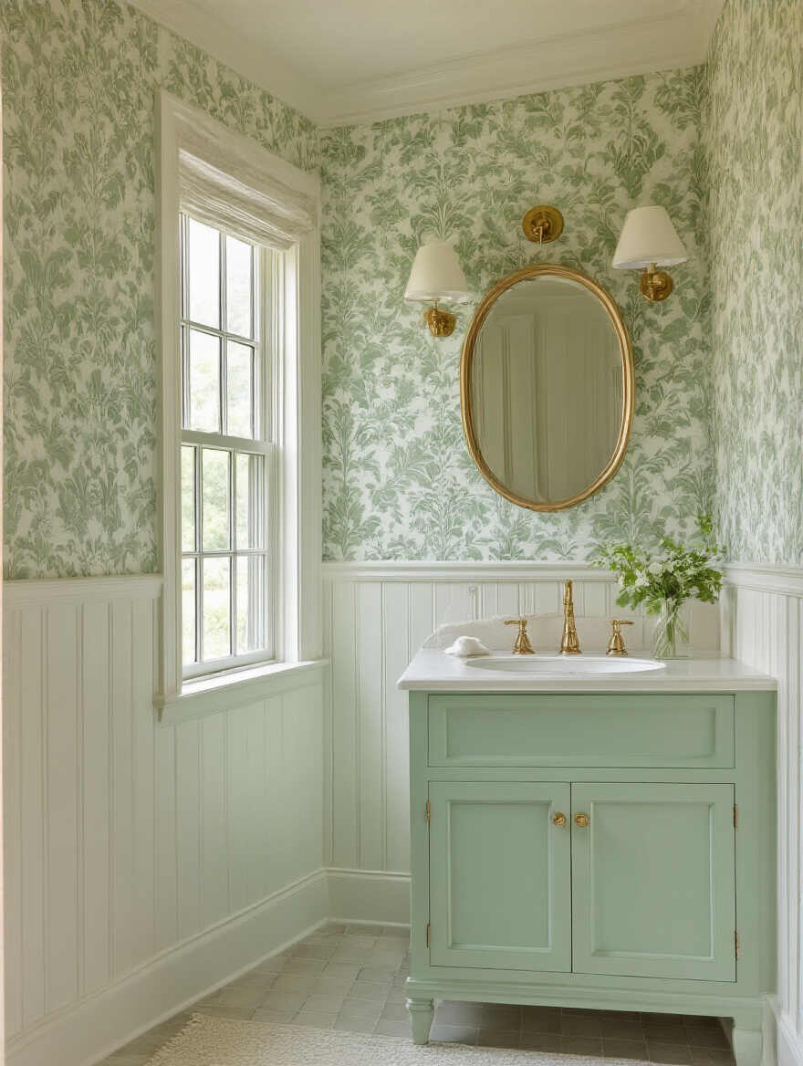 Cohesive color palette in a vintage wallpaper bathroom