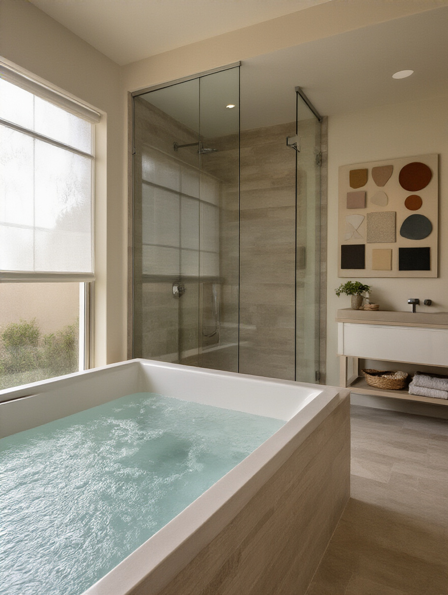 Modern bathroom remodel portrait with planning backdrop