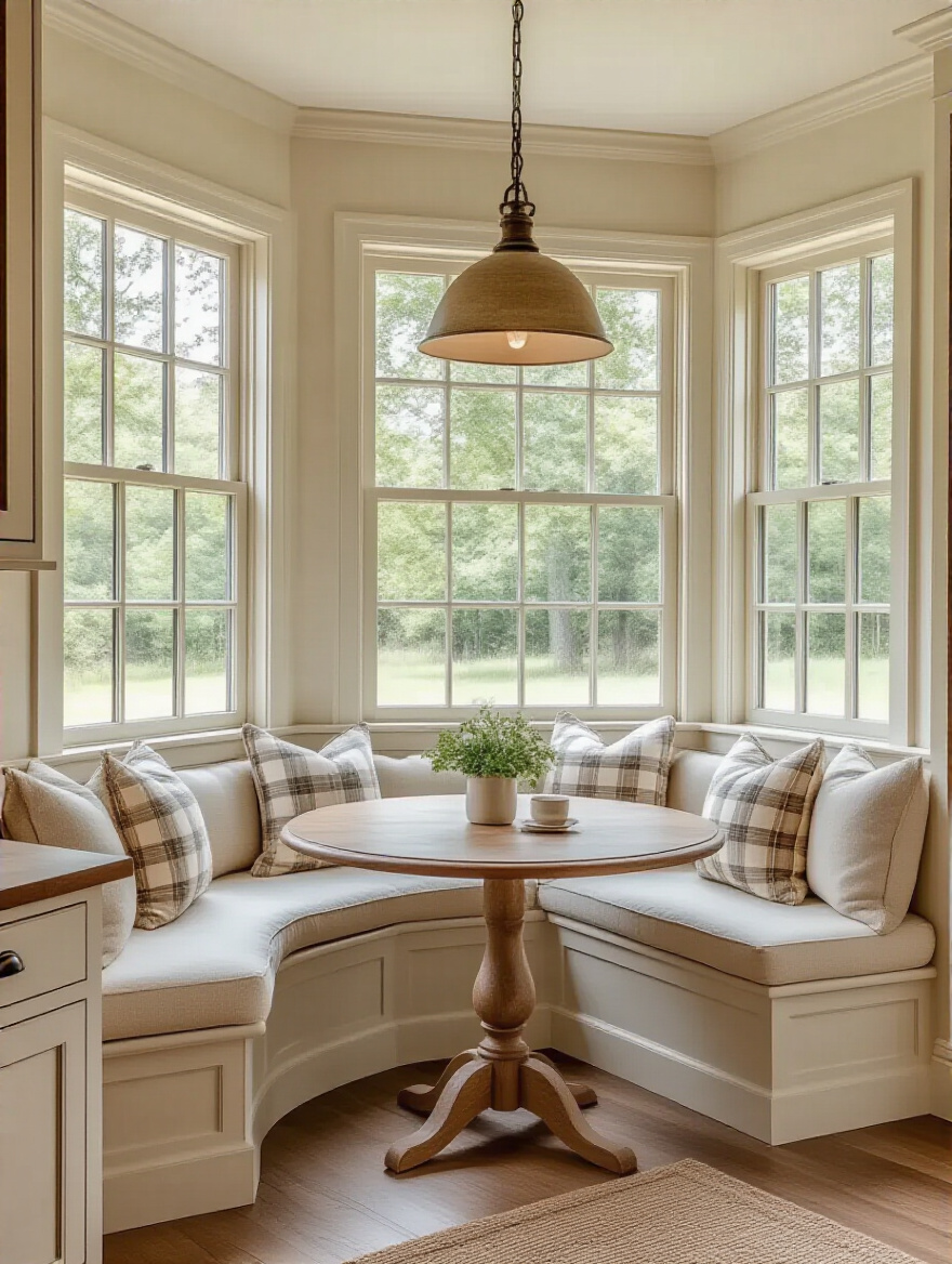 Farmhouse kitchen with a cozy breakfast nook featuring a built-in banquette, small round wooden table, and warm lighting, creating an inviting casual dining space.