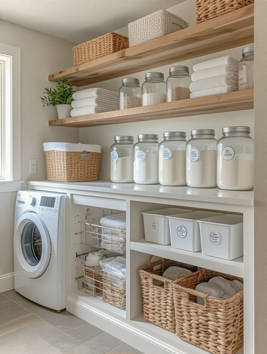 Portrait of a tidy laundry room with a DIY detergent dispensing & storage station