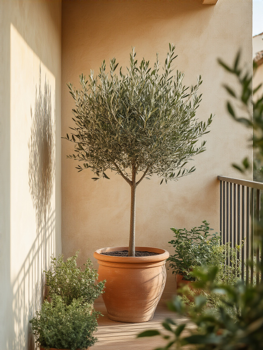 Tall olive tree focal point on a small balcony with surrounding low plants and textured wall