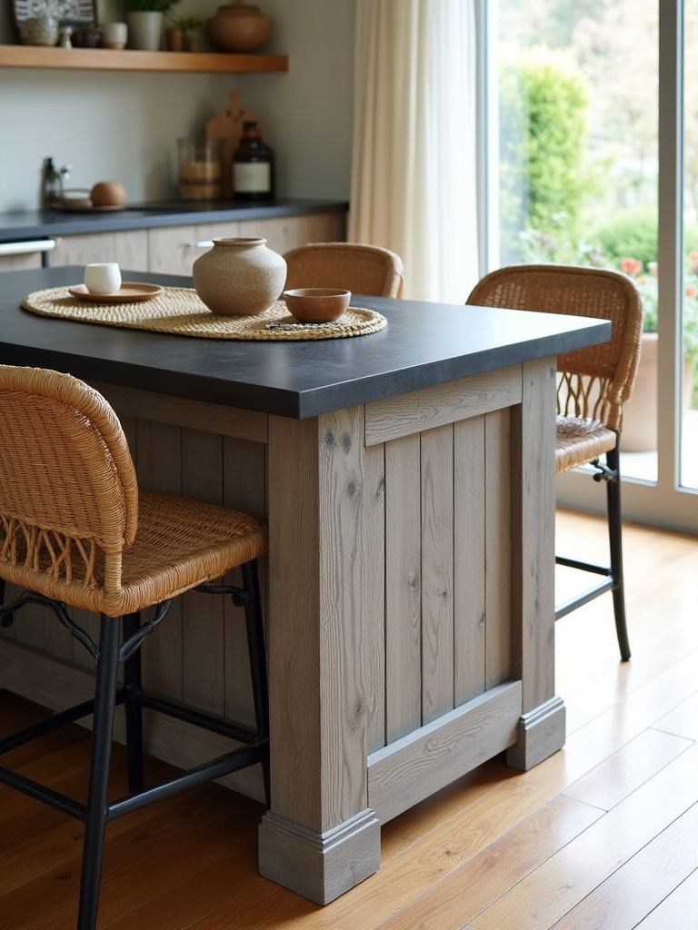 Rustic kitchen island displaying a dynamic layered look with varying textures, featuring distressed grey-washed oak, matte black quartz, woven rattan stools, and subtle decorative pottery, all under soft natural light.