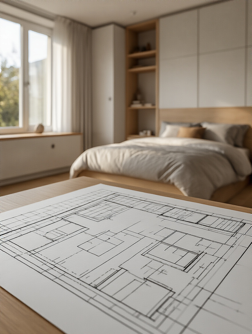 Portrait view of a bedroom planning scene with a floor plan sketch on graph paper
