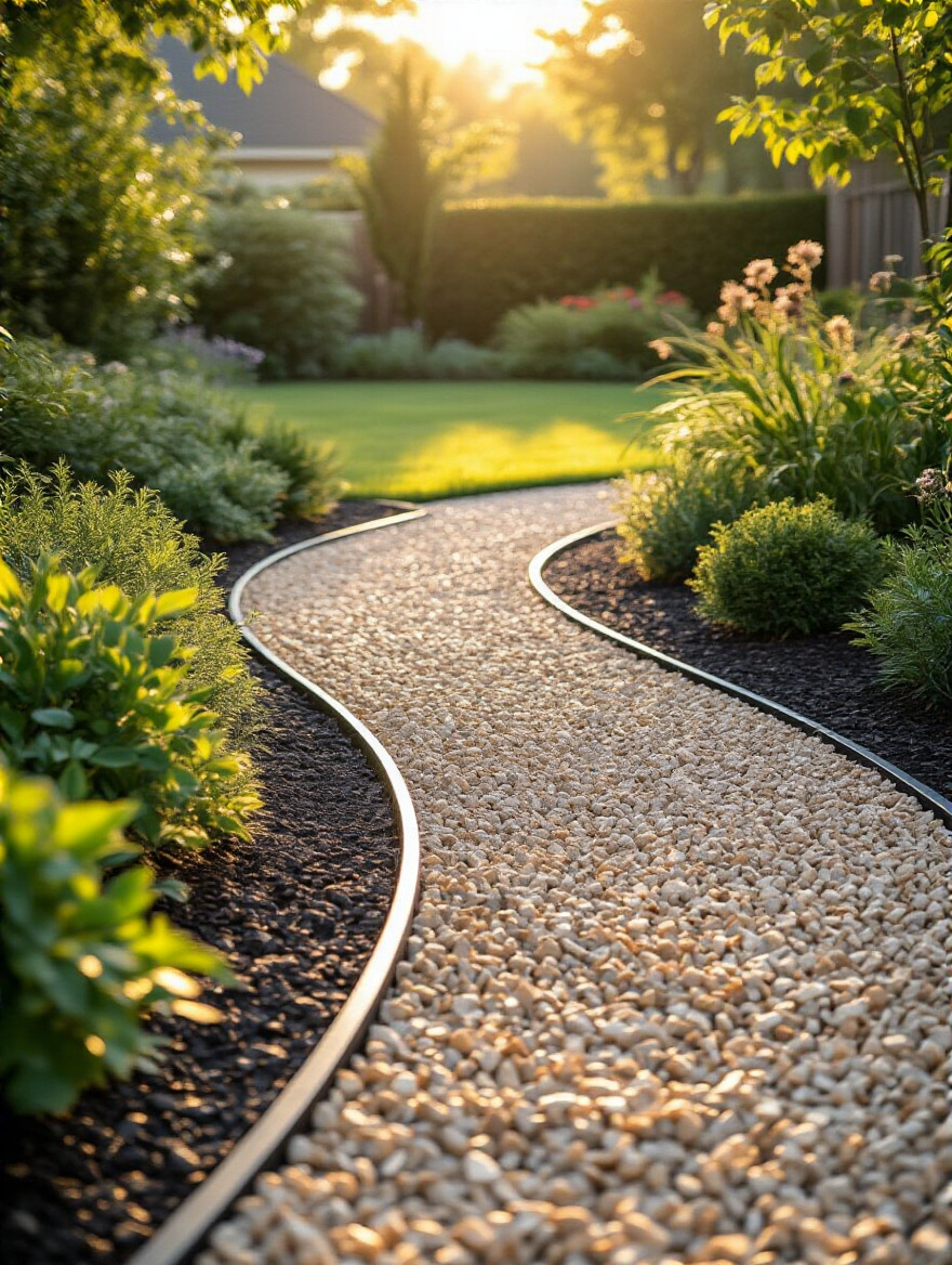 Portrait of backyard gravel path defining walkways