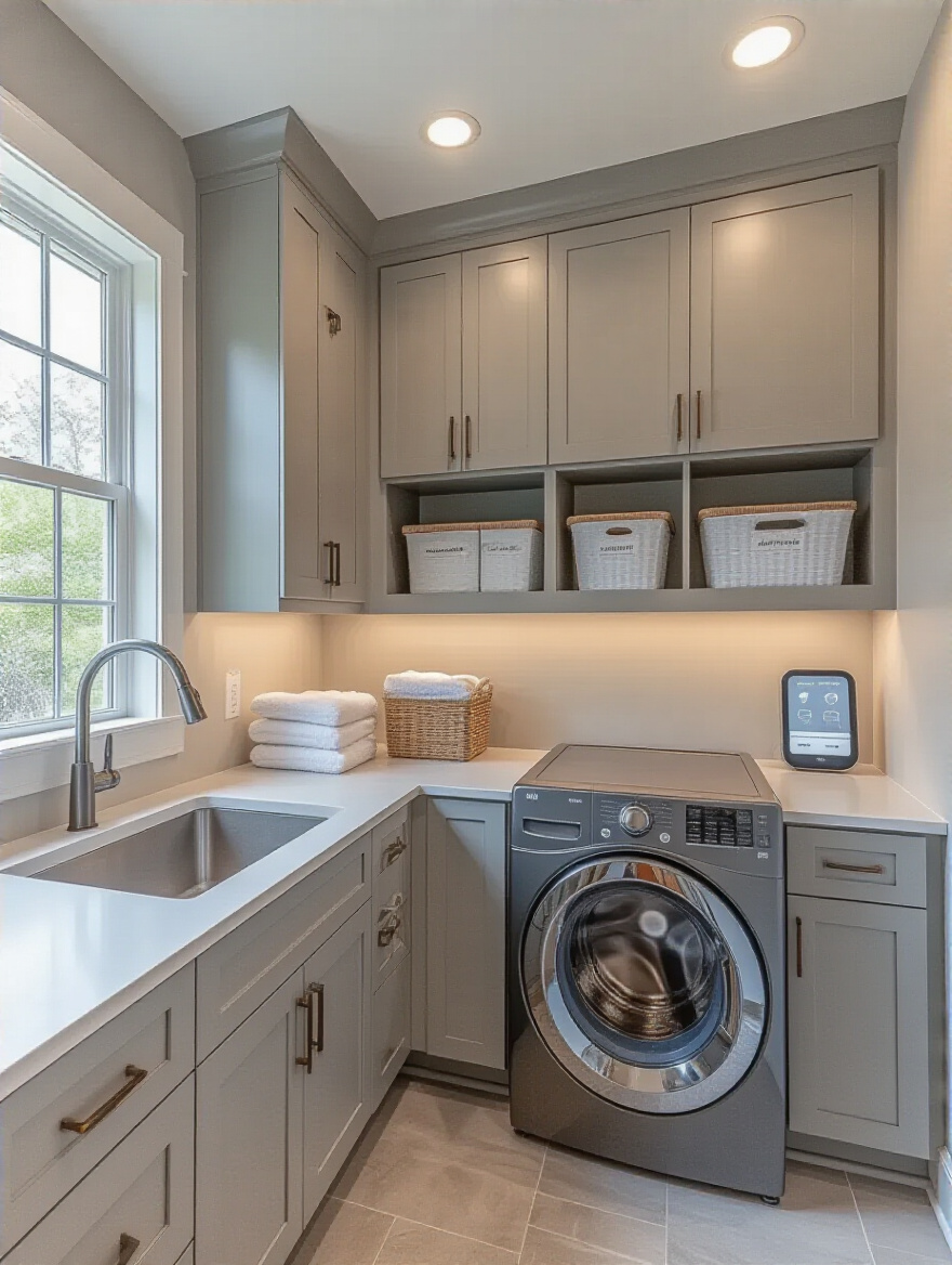 Portrait of a modern, organized laundry room with a wall-mounted smart maintenance hub (no text visible).