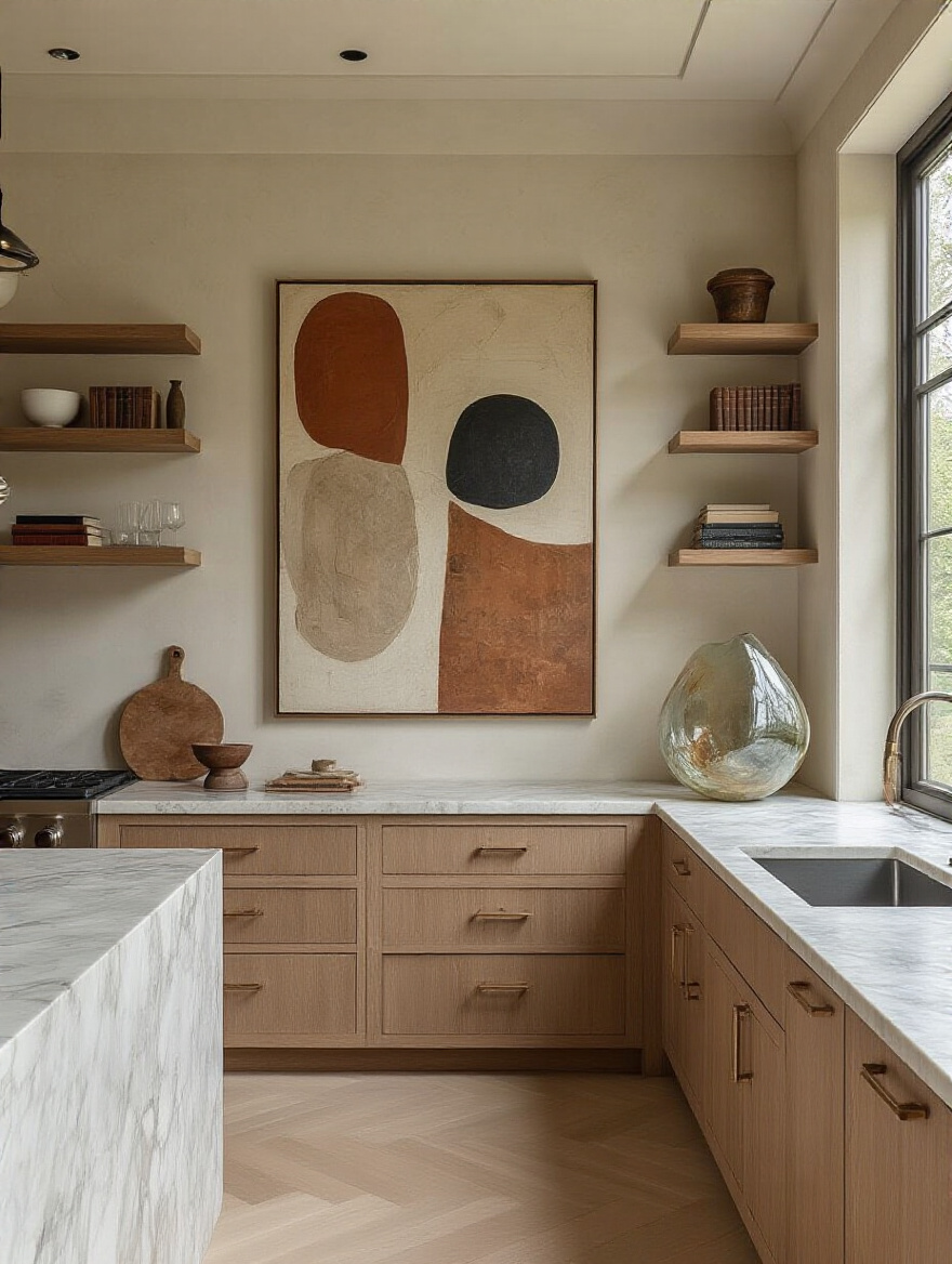 Portrait view of a luxury kitchen featuring bespoke art and persona-reflecting styling
