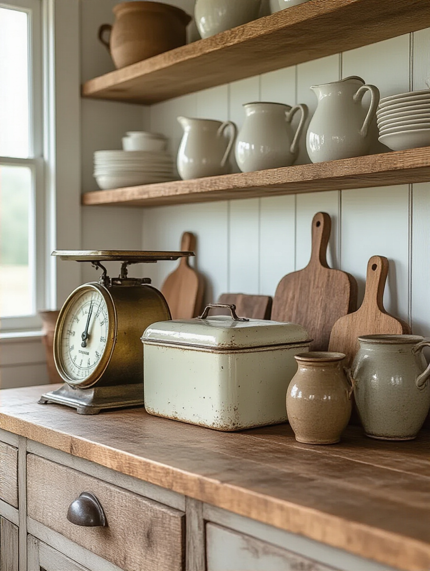 A collection of curated vintage and antique kitchen items including stoneware crocks, ironstone pitchers, an antique scale, and an enamelware bread box, arranged on a rustic countertop and open shelves in a warm farmhouse kitchen.