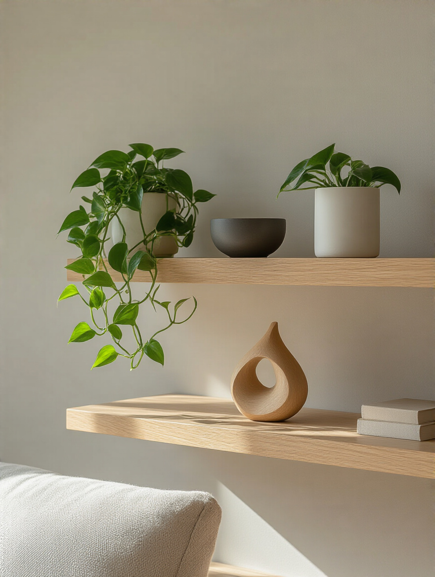 Minimalist open oak shelves styled with an odd-numbered grouping: a dark grey ceramic bowl, a Pothos plant in a white pot, and a light wood sculpture.