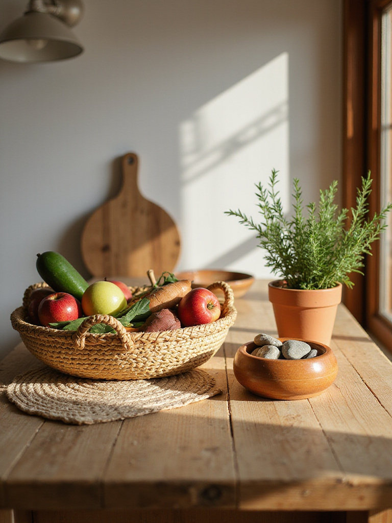 Rustic kitchen island decorated with a woven seagrass basket filled with apples, a carved wooden bowl, and a terracotta pot with a green herb plant, all adding warmth and texture.