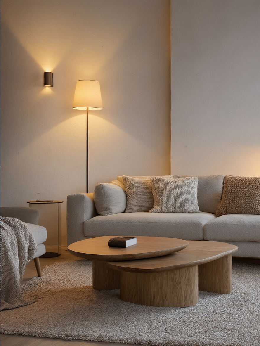 Cozy living room with layered soft ambient lighting from lamps and dimmed fixtures