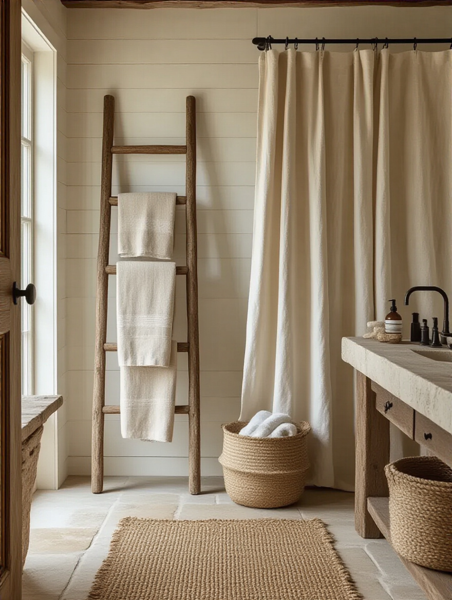 Rustic bathroom vignette with linen towels, linen shower curtain, and a jute rug.