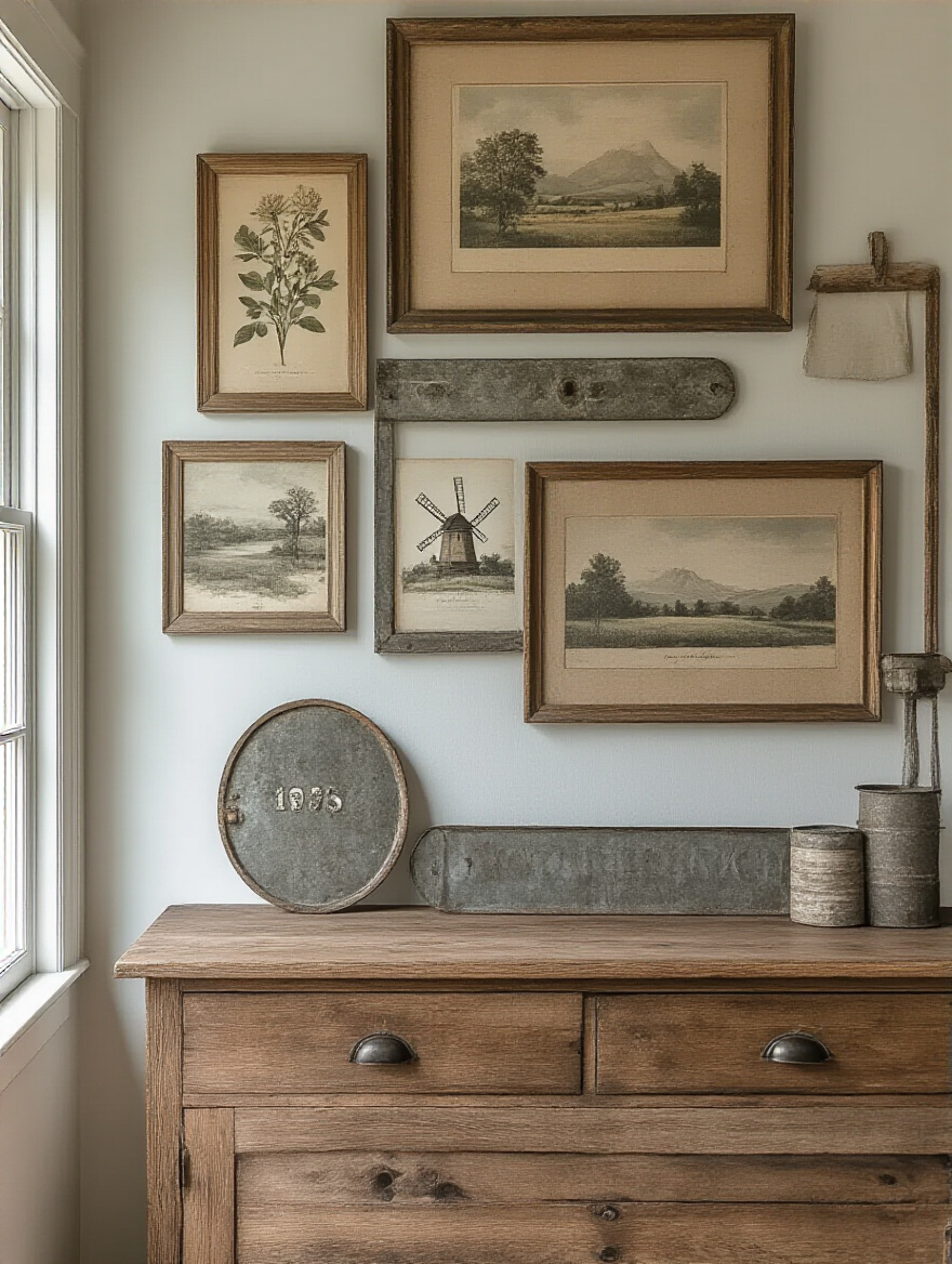 A farmhouse dining room wall features a curated gallery of vintage botanical prints in distressed wood frames and antique landscape etchings. Galvanized metal accents, like a small numbered sign and a rustic windmill ornament, are artfully mixed among the frames, creating a rich, textured Farmhouse Wall Art display. No people.
