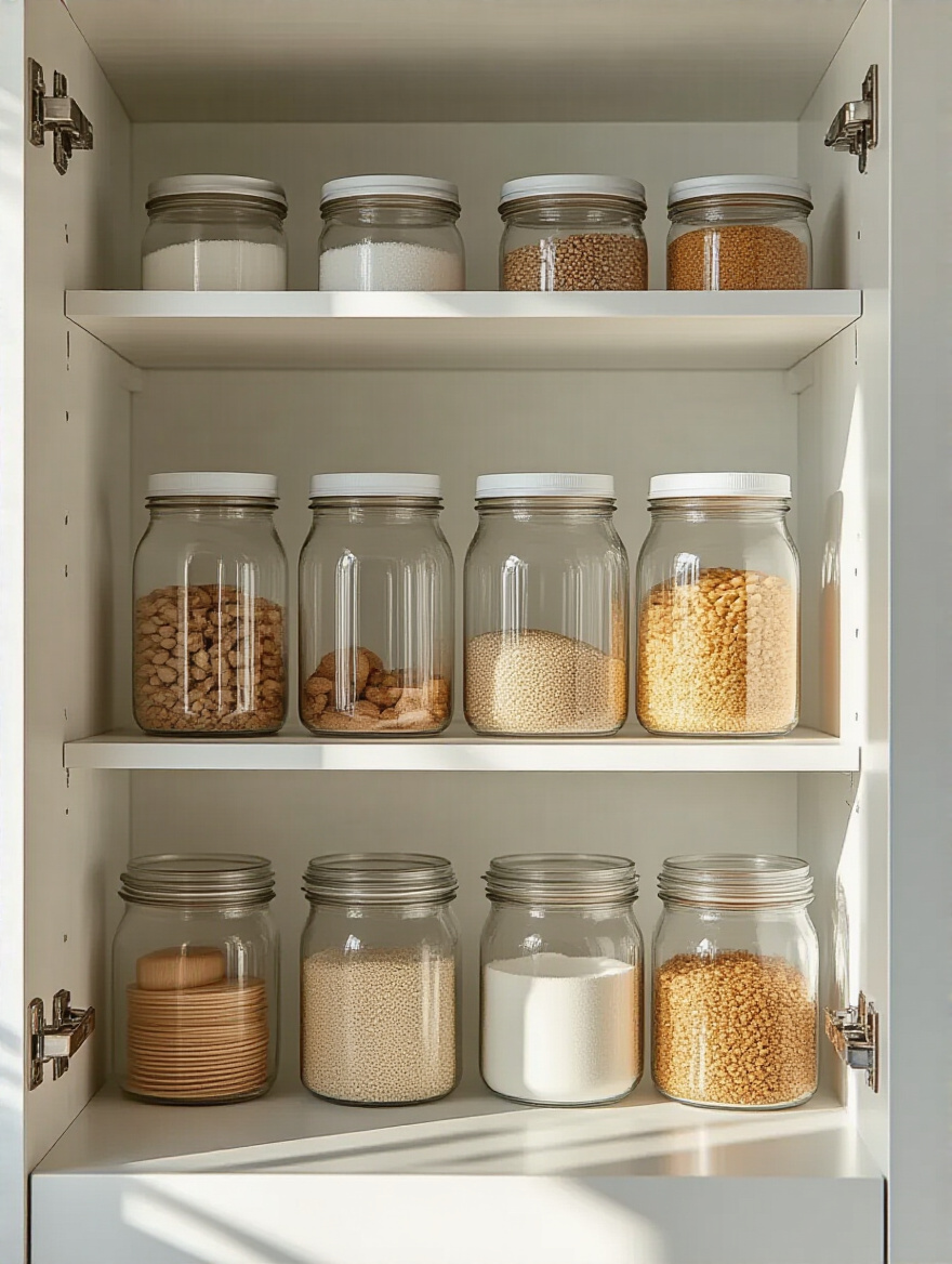 A perfectly organized small kitchen pantry cabinet with labeled clear containers and ample empty space, illustrating efficient kitchen inventory curation to maximize storage.