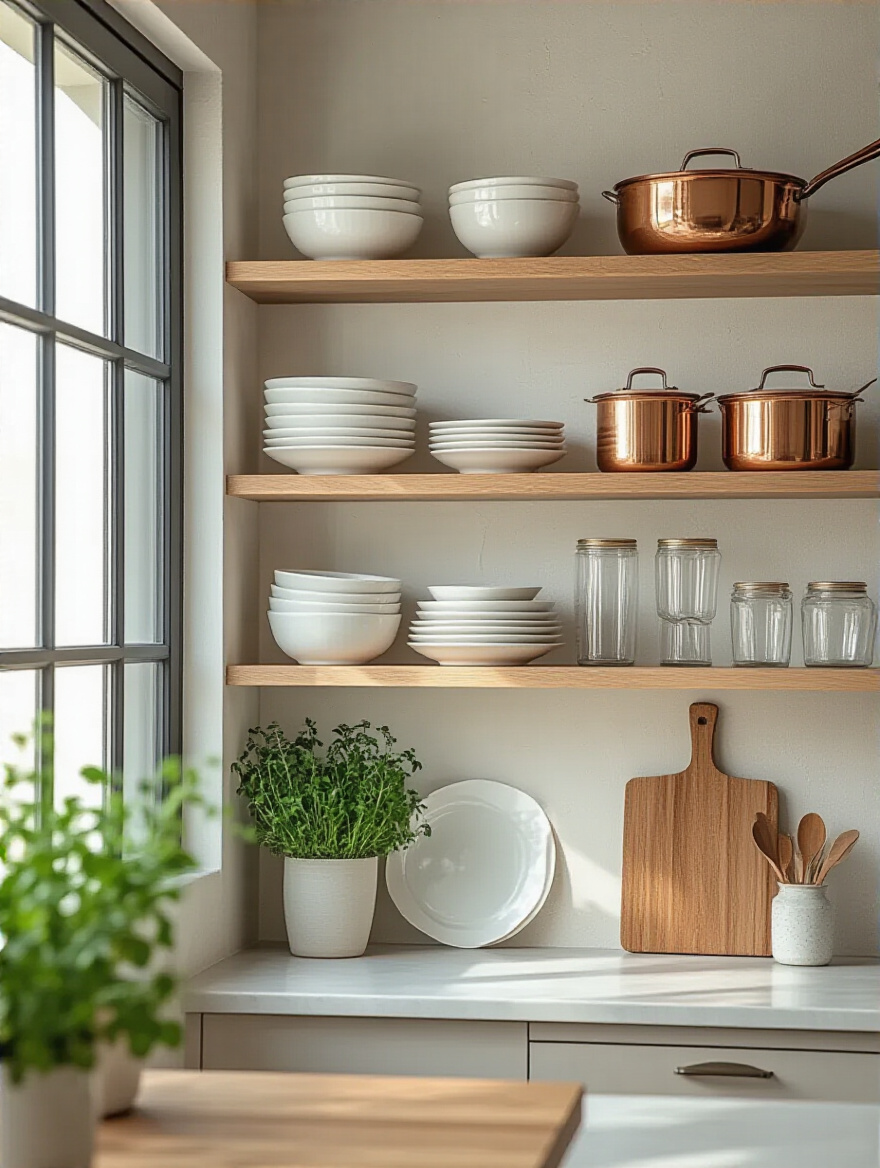 Vertical shot of a modern kitchen open-shelving display with decorative and functional items