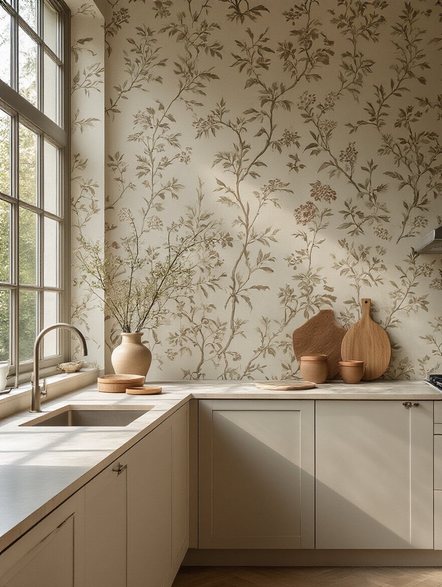 Portrait view of a modern kitchen wallpaper installation showing a clean seam and textured wallpaper on a wall.