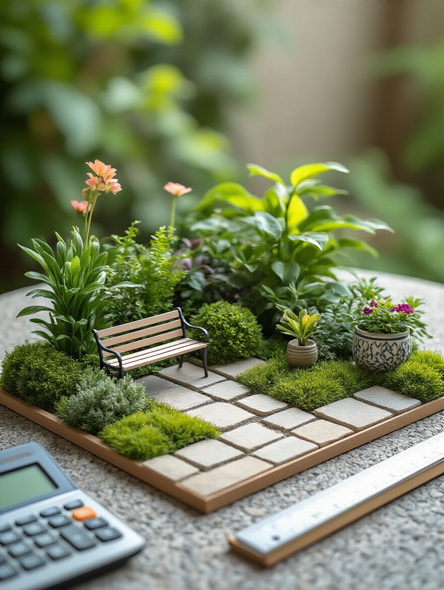Stylized concept board for patio design, showing miniature plants and furniture arrangements, representing defining aesthetic and functional goals for a green space.