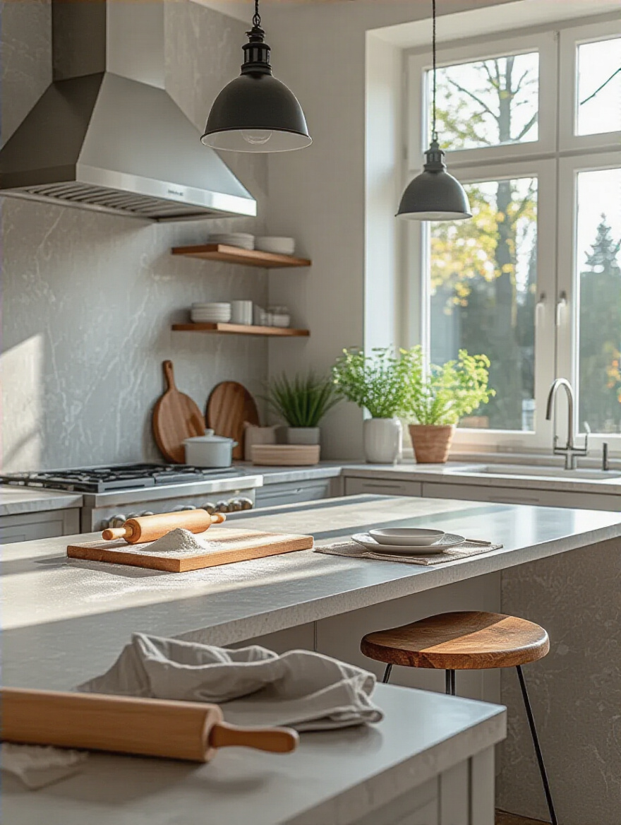 Portrait view of a modern kitchen island with a durable countertop used for baking and daily prep